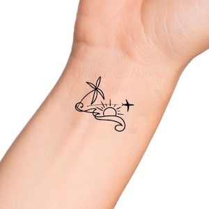 Palm Tree Sun Wave Airplane Temporary Tattoo - Tropical Traveling Beach Vacation Small Cute Wrist Symbol Tattoo