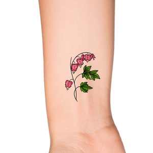 Bleeding Heart Plant Temporary Tattoo - You Choose: Pink or Black Outline - Wildflower Cute Small Wrist Tattoo -Add Custom Words Text Tattoo