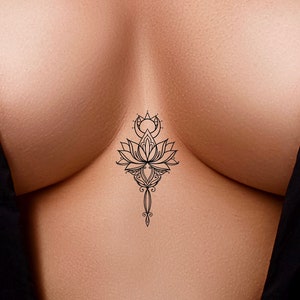 Sun and Moon Mandala Lotus Leaves Sternum Temporary Tattoo - Floral Underboob Tattoo - Flower Swirls Ornamental Wrist Tattoo