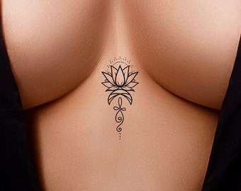 Floral Lotus Sun and Moon Dotwork Unalome Sternum Temporary Tattoo