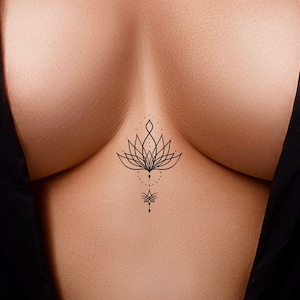 Unalome Lotus Delicate Feminine Dotwork Sternum Temporary Tattoo