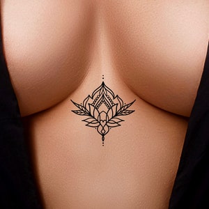 Ornamental Heart Floral and Leaves Dotwork Sternum Temporary Tattoo - Underboob Wildflower Mandala Temporary Tattoo