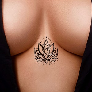 Lotus Unalome Drippy Dotwork Floral Sternum Temporary Tattoo - Underboob Wildflower Geometric Flower Tattoo