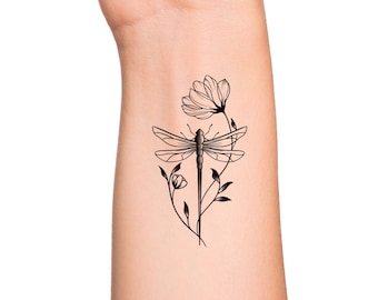 Dragonfly X-Ray Flowers and Leaves Temporary Tattoo - Feminine Insect Wrist Tattoo - Wildflower Dragonfly X-Ray Shaded Floral Tattoo