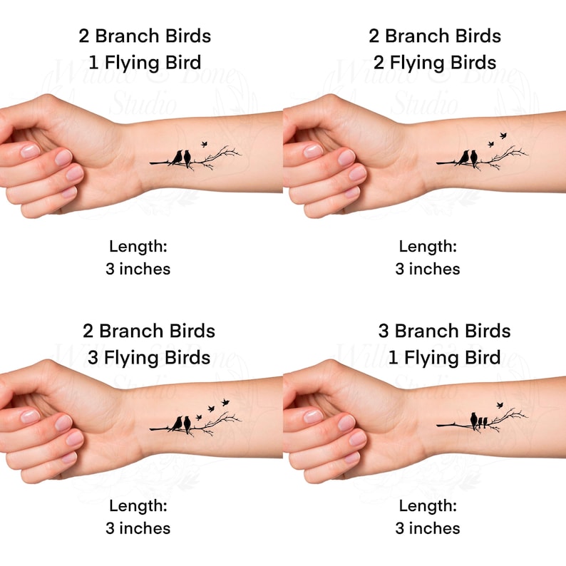 Silhouette Birds Family on Branch Temporary Tattoo - Flying Black Birds ...