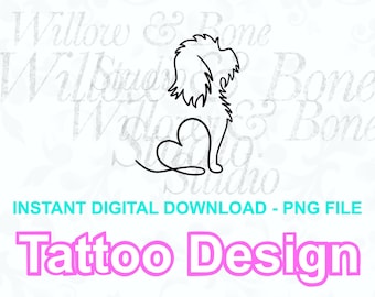 May include: A black line art design of a dog with a heart-shaped body. The image includes the text "INSTANT DIGITAL DOWNLOAD - PNG FILE" in teal and "Tattoo Design" in pink.