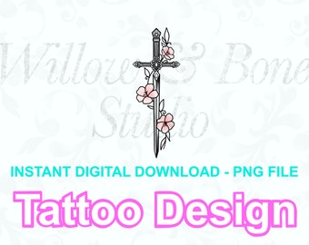 Digital Download PNG Pink Floral Fantasy Sword Tattoo Design - Bookish Fantasy Dagger Wildflower Tattoo Design Digital Download