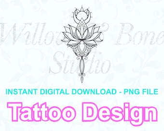 Può includere: Design di tatuaggio in bianco e nero a linee di un fiore di loto con una luna crescente e il sole sopra. Il design è intricato e dettagliato, con un delicato motivo floreale. Il testo "Download digitale istantaneo - File PNG" e "Design del tatuaggio" è incluso anche nell'immagine.