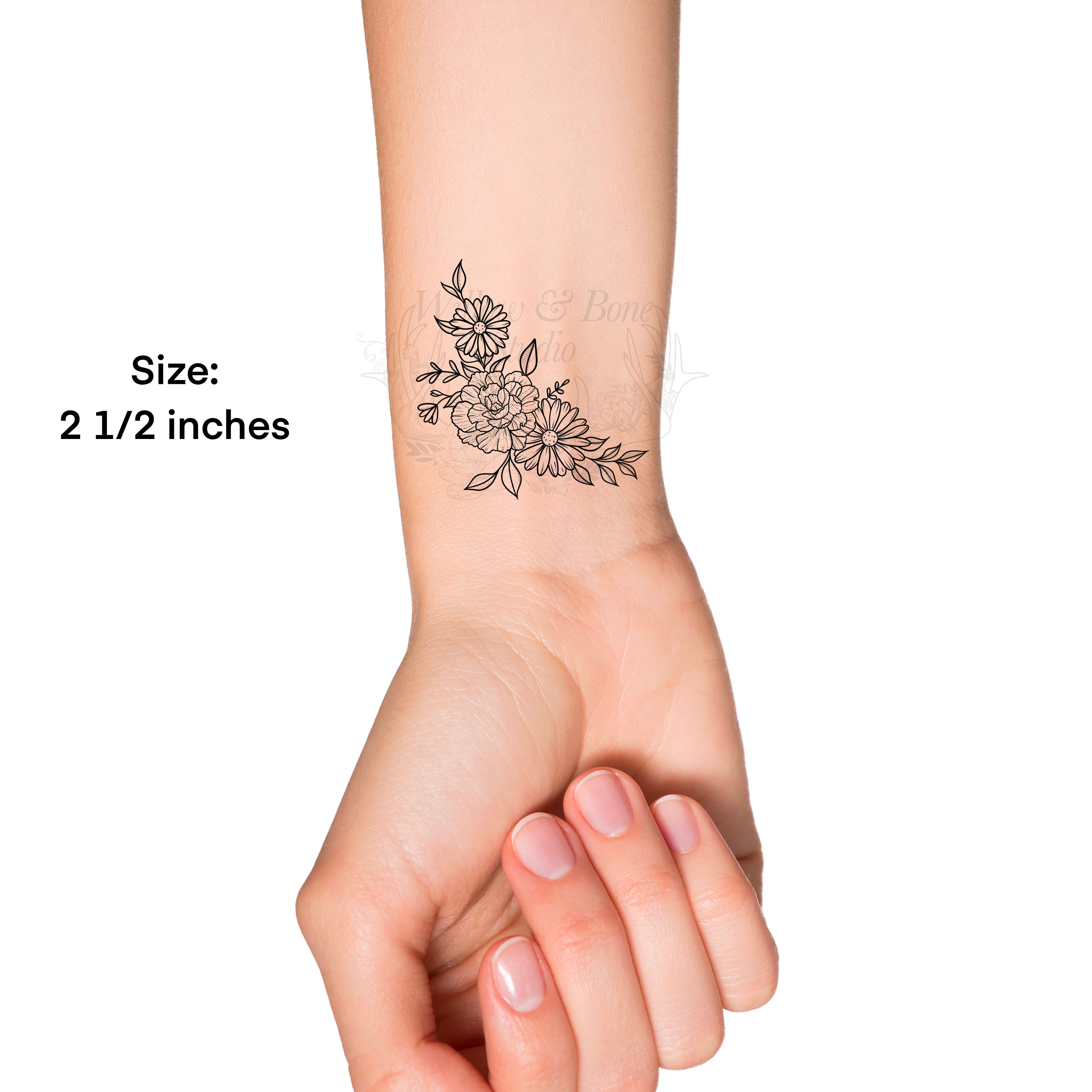 Carnation and Daisy Floral Temporary Tattoo Feminine January Birth