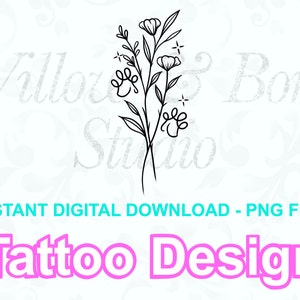Digital Download Dog Paw Print Wildflower Magical Feminine Love Tattoo Design - Memorial Pet Floral Tattoo Design PNG File