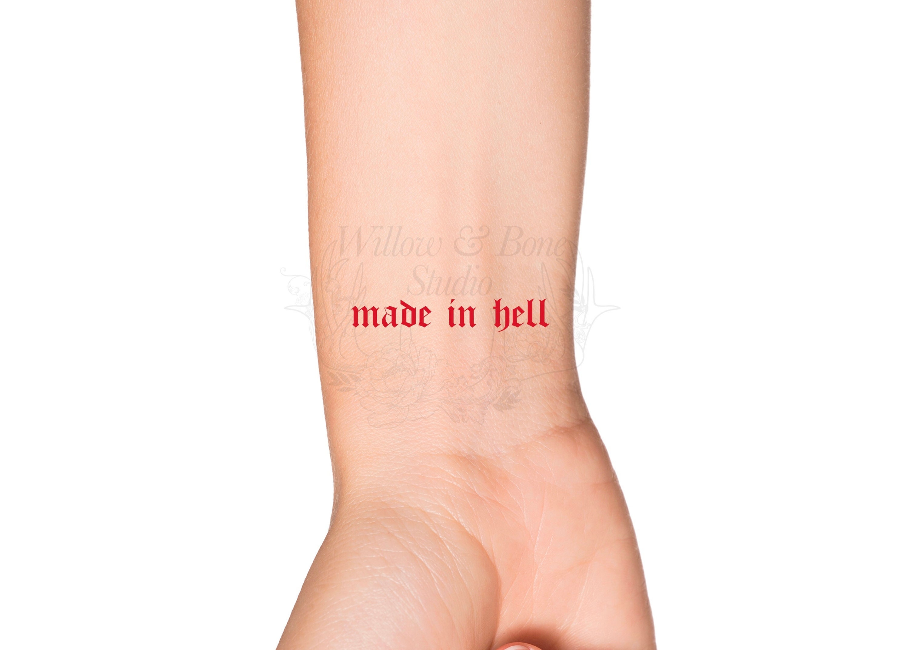Made In Hell Old English Lettering Temporary Tattoo - Baddie Tattoos for Women - Red Quote Tattoo - Sexy Tattoos for Women