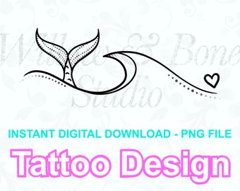Digital Download Mermaid Tail Ocean Wave Heart Tattoo Design - Beach Vacation Sea Waves Love Tattoo Design PNG File