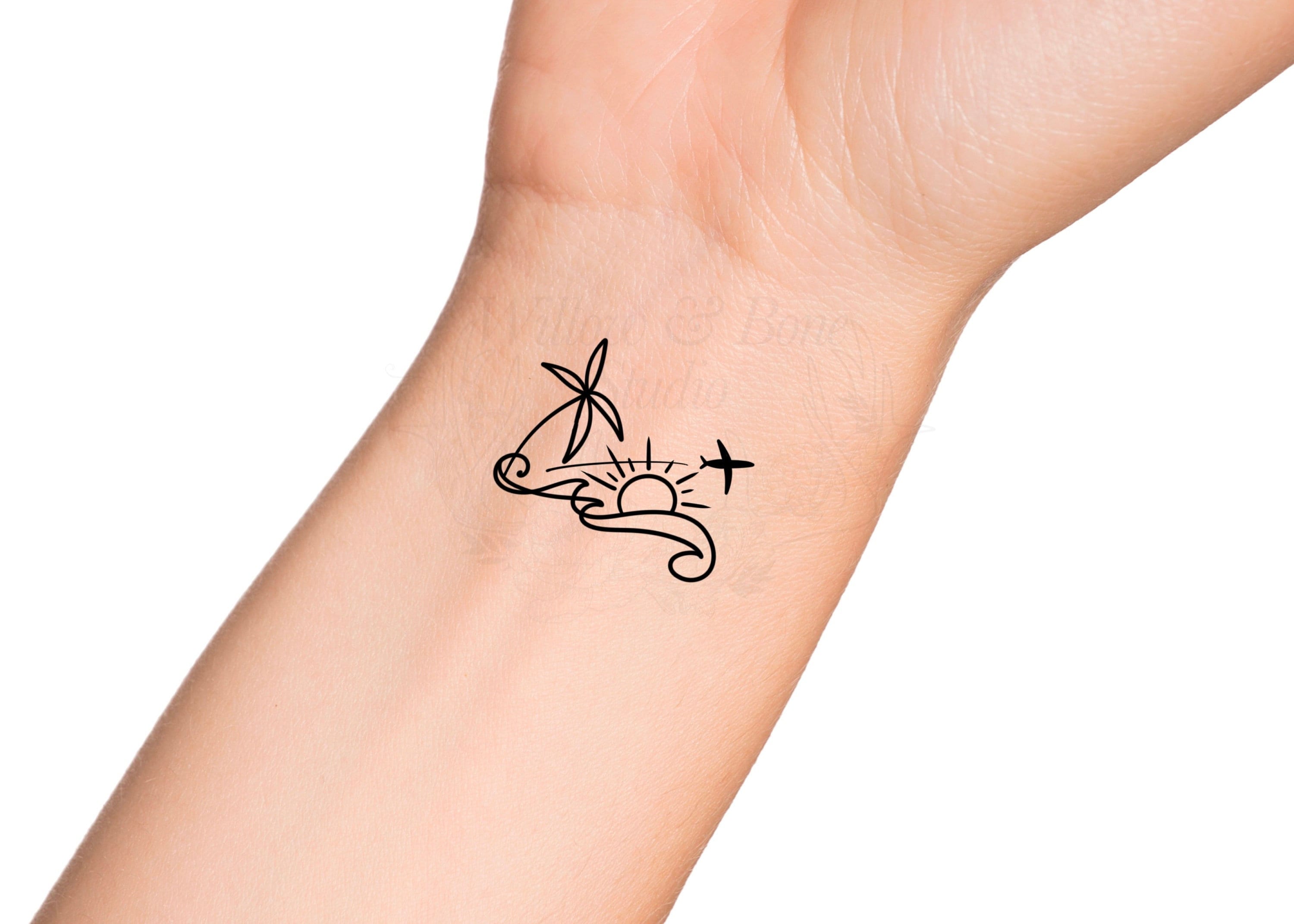 Palm Tree Sun Wave Airplane Temporary Tattoo - Tropical Traveling Beach Vacation Small Cute Wrist Symbol Tattoo