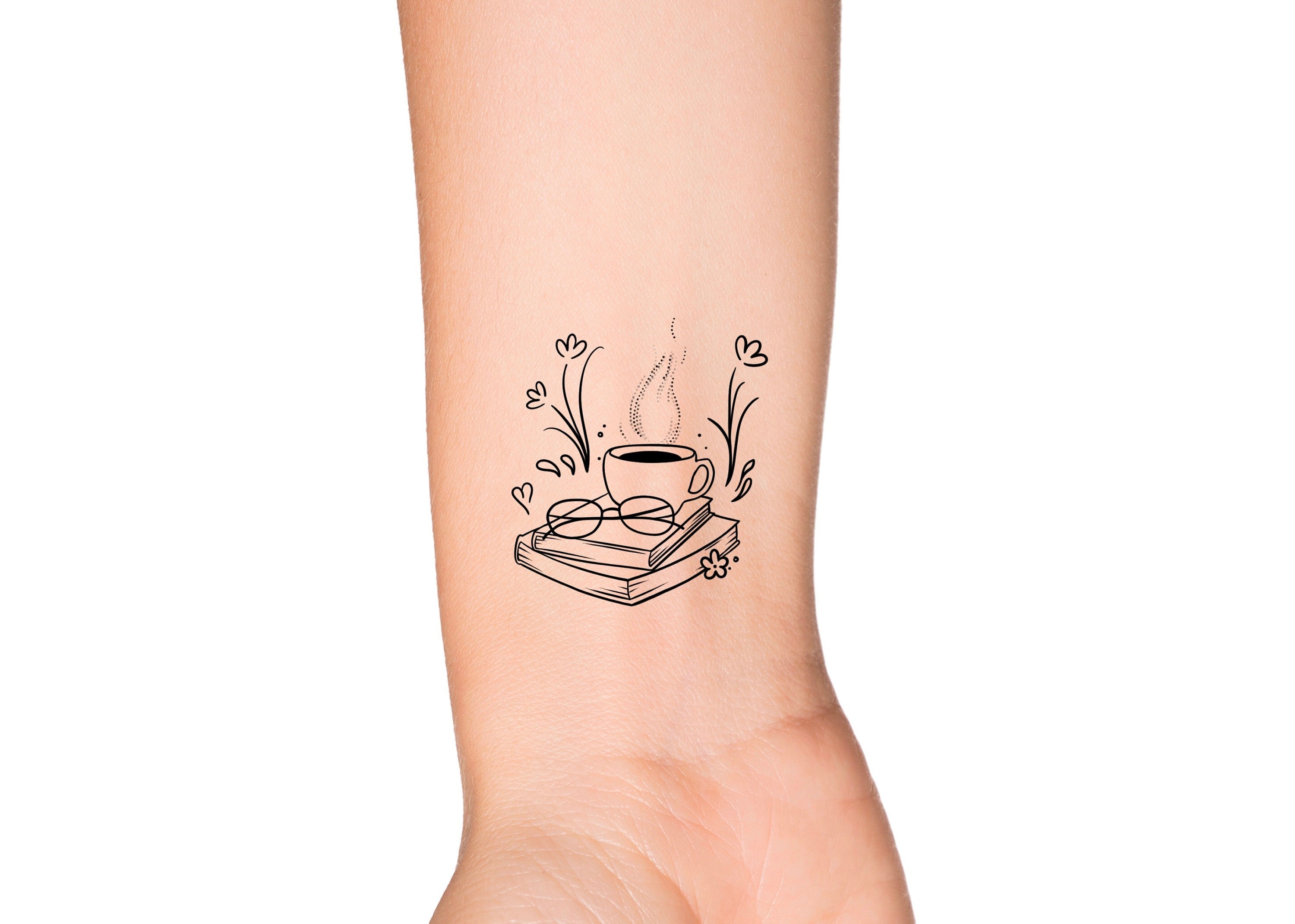 Stack of Books Glasses and Coffee Cup Wildflowers Temporary Tattoo Floral  Book Addict Tea Cup Bookish Fantasy Wrist Tattoo - Etsy