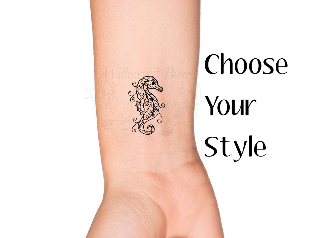 Seahorse Outline: Choose Your Style Temporary Tattoo Sea Horse Swirls ...