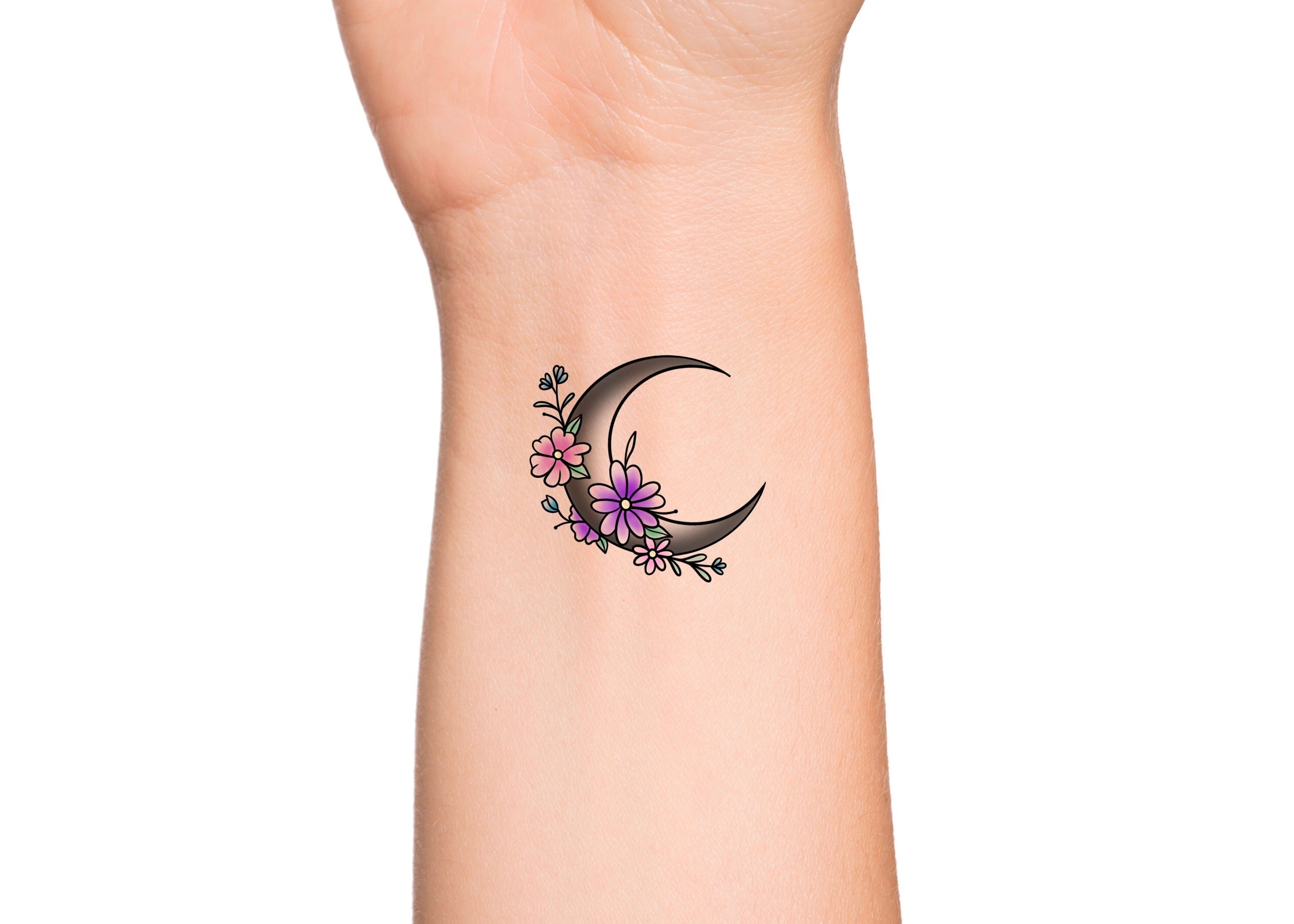 Wildflower Shaded Crescent Moon Temporary Tattoo Floral Moon - Etsy Hong Kong Wildflower Shaded Crescent Moon Temporary Tattoo Floral Moon - Etsy Hong Kong