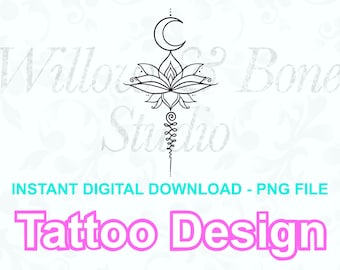 Può includere: Design di tatuaggio in linea d'arte in bianco e nero di un fiore di loto con una luna crescente sopra. Il design è su uno sfondo bianco con il testo "Willow & Bone Studio" e "Download digitale istantaneo - File PNG" e "Design di tatuaggio" in rosa.