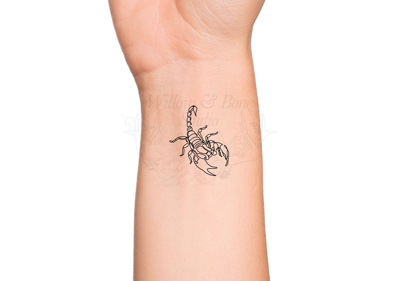 Skorpion fortlaufende Linie Umriss temporäres Tattoo Skorpion minimalistische Arachnida Wirbellose Gliederfüßer Tier Handgelenk Sternzeichen Tattoo Bild 1