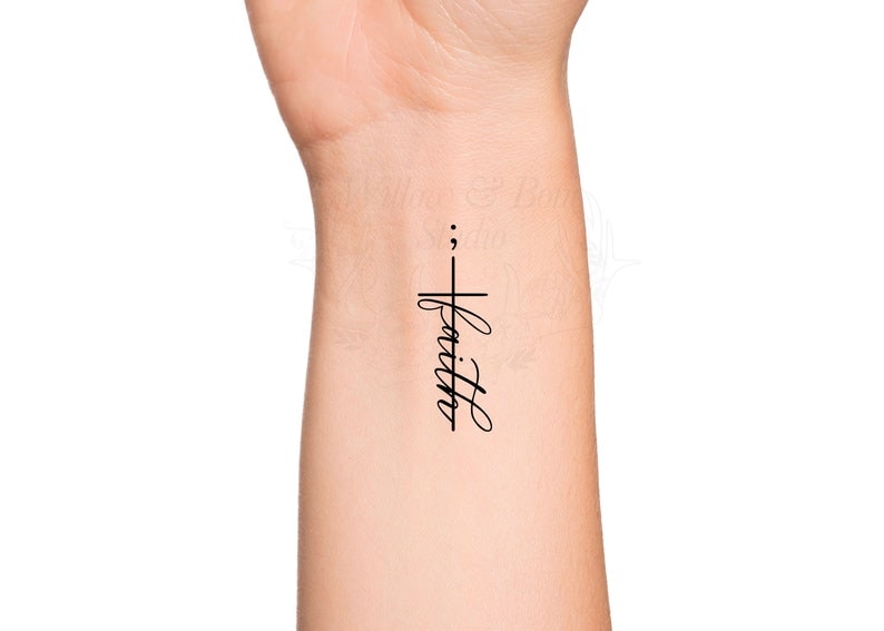 Cursive Faith Cross Semicolon Minimalist Temporary Tattoo - Etsy