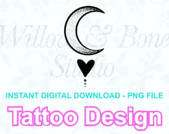Digital Download Crescent Moon Heart Feminine Sternum Wrist Tattoo Design - Tattoo Design PNG File