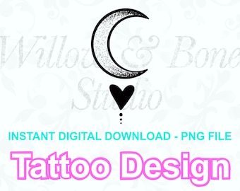 Tatuaggio a forma di cuore con luna crescente - File PNG femminile (download digitale)