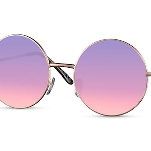 ROUND Hippie Sunglasses Vintage Retro Style with Gold Silver frame & Brown Purple Blue Pink lens in New Collection 100% UV Protection Gold - Pink Lens