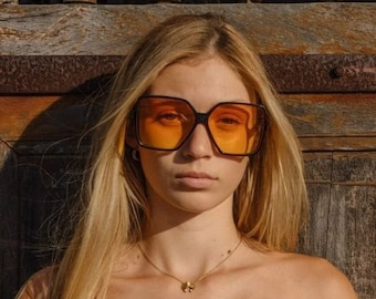 Oversized Vintage Women's Sunglasses "Madlin" Big Square XL Black Brown Purple frame & Orange Smoke lens New Collection 100% UV Protection