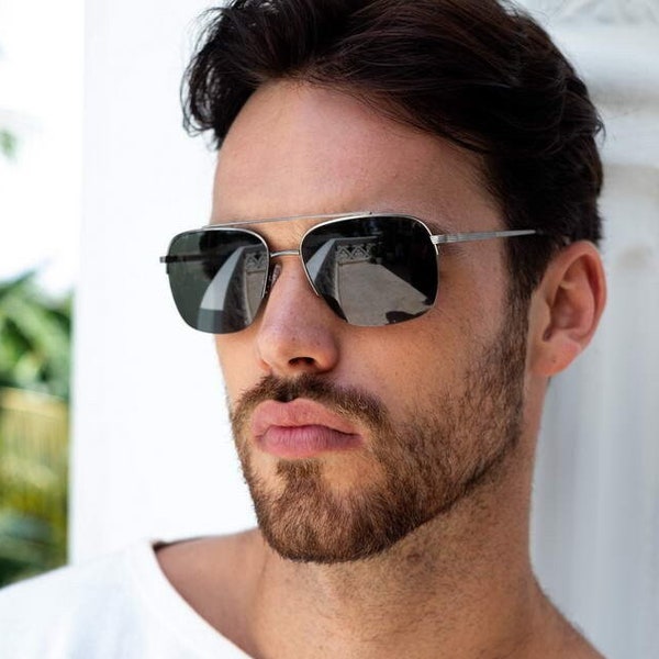 Aviator Men's Sunglasses Vintage Retro Silver Gold frame Brown Green Lens "Adam" rectangle SQUARE wire rim NEW Collection 100% UV Protection
