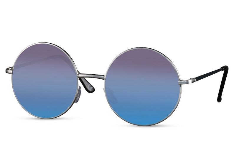 ROUND Hippie Sunglasses Vintage Retro Style with Gold Silver frame & Brown Purple Blue Pink lens in New Collection 100% UV Protection Silver - Blue Lens