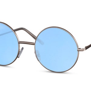 ROUND Hippie Sunglasses Vintage Retro Style with Gold Silver frame & Brown Purple Blue Pink lens in New Collection 100% UV Protection Gold - Blue Lens