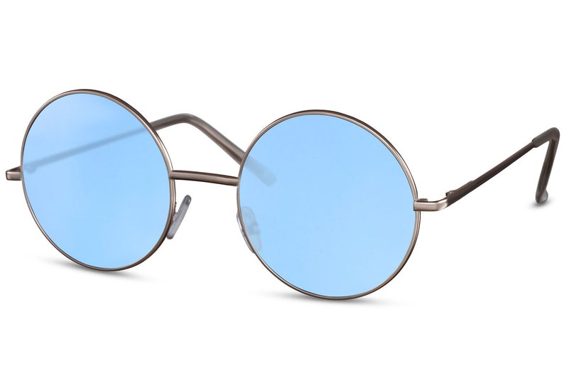 ROUND Hippie Sunglasses Vintage Retro Style with Gold Silver frame & Brown Purple Blue Pink lens in New Collection 100% UV Protection Gold - Blue Lens