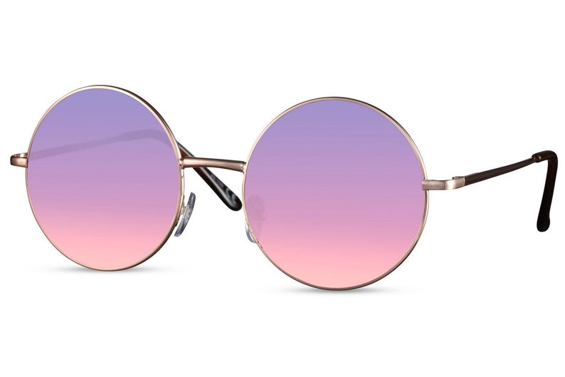 ROUND Hippie Sunglasses Vintage Retro Style with Gold Silver frame & Brown Purple Blue Pink lens in New Collection 100% UV Protection Gold - Pink Lens