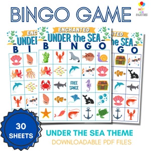 Unter dem Meer Bingo - Druckbare / herunterladbare Bingospiel - Ozean/Meer-Thema Bingo - 30 einzigartige Bingokarten und 2 Call Card Blätter