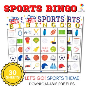 Bingo esportivo - Jogo de bingo para impressão/download - Vamos lá, bingo com tema esportivo - 30 cartelas de bingo exclusivas e 2 folhas de cartão de chamada