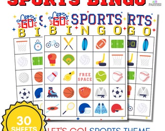 Bingo deportivo - Juego de bingo imprimible/descargable - Bingo con temática deportiva Let's Go - 30 cartones de bingo únicos y 2 hojas de tarjetas de llamada