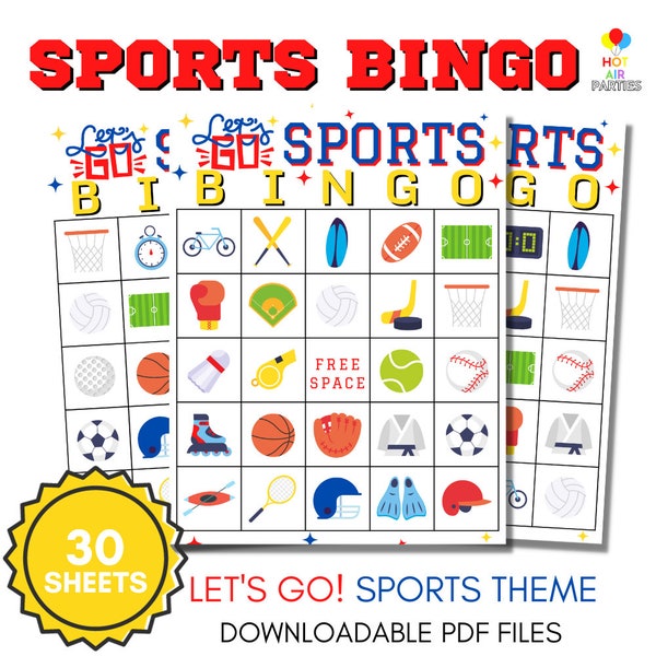 Bingo deportivo - Juego de bingo imprimible/descargable - Bingo con temática deportiva Let's Go - 30 cartones de bingo únicos y 2 hojas de tarjetas de llamada