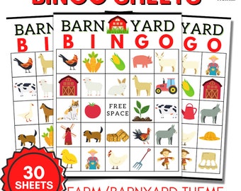 Farm Bingo - Printable/Downloadable Bingo Game -  Barnyard Bingo - 30 Unique Bingo Cards and 2 Call Card Sheets