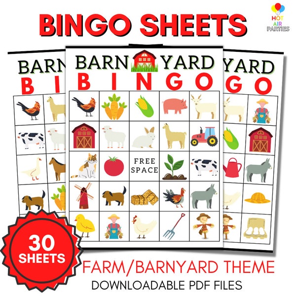 Juego de bingo imprimible/descargable - Granja - Barnyard Bingo - 30 cartas de bingo únicas y 2 hojas de tarjetas de llamada