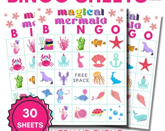 Jeu de bingo sirène : 30 cartes uniques (imprimables/téléchargeables)