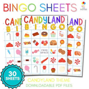 Candyland Printable/Downloadable Bingo Game - Candy Themed - Sugar-Inspired - 30 Unique Bingo Cards and 2 Call Card Sheets