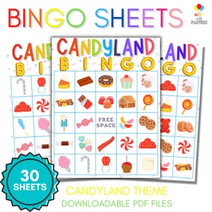 Candyland Printable/Downloadable Bingo Game - Candy Themed - Sugar-Inspired - 30 Unique Bingo Cards and 2 Call Card Sheets