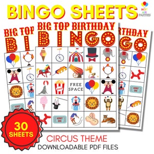 Bingo du carnaval - jeu de bingo imprimable/téléchargeable - anniversaire de bingo sous chapiteau - thème du cirque - 30 cartes de bingo uniques et 2 feuilles de cartes de visite