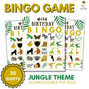 Bingo salvaje con temática de jungla: juego de bingo imprimible y descargable: 30 tarjetas de bingo únicas y 2 hojas de tarjetas de llamada
