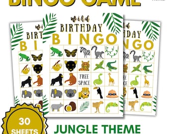 Jungle Themed Wild Bingo - Printable/Downloadable Bingo Game - 30 Unique Bingo Cards and 2 Call Card Sheets