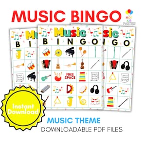 Juego de bingo musical imprimible y descargable - Bingo con temática musical - 30 cartones únicos