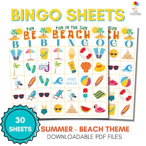 Bingogame Fun in the Sun Beach - Bingospel printbaar/downloadbaar - Wilde bingo met strandthema - 30 unieke bingokaarten en 2 visitekaartjes