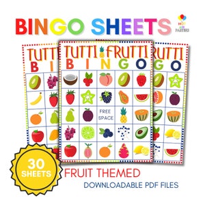 Tutti Frutti Bingo - spel printbaar/downloadbaar - fruitthema - 30 unieke bingokaarten en 2 visitekaartjes