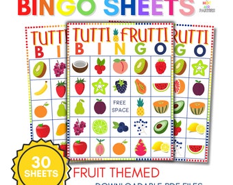 Könnte beinhalten: Obst-Bingo-Blätter mit farbenfrohen Illustrationen verschiedener Früchte. Die Blätter tragen die Aufschrift "Tutti Frutti Bingo". Das Bild enthält auch den Text "30 Blätter" und "Downloadbare PDF-Dateien".