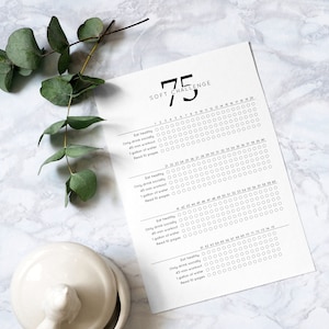 以下が含まれることがあります： 「ソフトチャレンジ75」というテキストが上部に書かれた白黒の印刷可能なチャート。チャートは75セクションに分かれており、各セクションにはチェックを入れるための円があります。各セクションの下のテキストには、「健康的に食べる」「社交的に飲むだけ」「45分のワークアウト」「1ガロンの水」「10ページを読む」が含まれています。