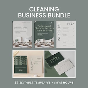May include: A business bundle for cleaning services, featuring templates for brochures, pricing lists, and business cards. The design uses green and white tones. Text includes "Cleaning Business Bundle", "Professional Cleaning Services", and "Thank You". The bundle includes 62 editable templates.